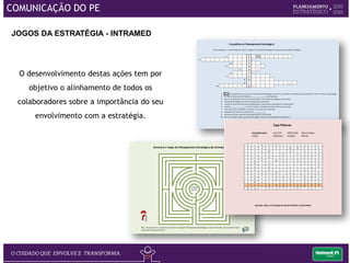Através dos quadros a estratégia é comunicada para todos os Colaboradores e Cooperados que trabalham nas unidades da
Unimed Vitória. Destacamos sempre pontos positivos e pontos de atenção.
QUADRO DE GESTÃO À VISTA
COMUNICAÇÃO DO PE
 