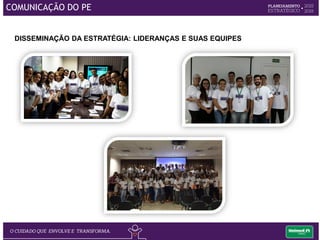 INTEGRAÇÃO e COMUNICAÇÃO:
O seu gestor se reúne com a equipe para
apresentar o PE da Unimed Vitória?
Você participa dessas reuniões de
disseminação do PE?
90%
10%
Sim Não
81%
19%
Sim Não
Comunicação do Planejamento Estratégico 2015
 