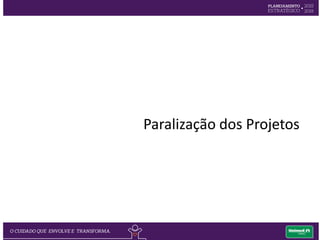O gestor do projeto e o PMO
submetem o projeto ao comitê de
projetos para solicitar aprovação de
novo orçamento, prazo ou escopo.
O PMO comunica o resultado às
áreas de apoio e aos gestores dos
projetos.
O Comitê de Projetos avalia a
solicitação do gestor e aprova ou
não.
O Gestor e/ou o PMO fazem análise
crítica no Sistema da Estratégia.
O PMO atualiza o portfólio de projetos
e orienta o gestor a atualizar o plano
do projeto conforme alterações
aprovadas de prazo, custo ou escopo.
Os projetos sofrem alterações de prazo, custo e/ou escopo.
Alteração nos Projetos
 