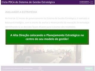 Ao final de 12 meses de gerenciamento do Sistema de Gestão Estratégica, é realizado o
Balanço Estratégico, com o intuito de avaliar o desempenho da execução da estratégia
identificando se as decisões foram eficazes para o alcance dos resultados.
AVALIANDO A ESTRATÉGIA
Ciclo PDCA do Sistema de Gestão Estratégica
 