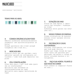 TEMAS PARA AS ABAS:
                                                  7.    ESTAÇÕES DO ANO
                                                  Frutas  de  cada  época/  a  impor-­
                                                  tancia  das  estações  /  mudanças  
                                                  do  clima/
                                                  Diferença  entre  países  nas  esta-­
                                                  ções  etc..

                                                  8.    NOVAS FORMAS DE ENERGIA
                                                  Formas  alternativas  de  energia/  
                                                  energia  solar/  parques  eólicos  
4.    COMIDA ORGÂNICA/SLOW FOOD                   brasieiros
Hábitos  alimetares  melhores/Alimentos  
saudáveis/  sem  agrotóxicos/plantar  um  
horta/                                            9.   DECORAÇÃO E CASAS
Porquê  agrotóxico  não  é  bom/  porquê          SUSTENTÁVEIS
trangênico  não  é  bom  etc..                    Soluções  inteligentes  com  coisas  
                                                  que  você  pode  reciclar
5.    MERCADO BIO
Produtos  novos  que  não  agridem  o  meio       fazer  vasos  com  garrafas  pet/  
ambiente/  garrafa  de  refrigerante  re-­        decoração  com  palets  e  caixas  de  
tornável  /  onde  você  pode  depositar  sua     feira/  soluções  baratas  e  in-­
pilha                                             teligentes.


6.    CÉU/ CONSTELAÇÕES                           10.   FAÇA SUA HORTA / PLANTE O
Olhar  mais  para  o  céu/  você  sabe  quais     QUE VOCÊ VAI COMER
são  as  constelações?                            Você  conhece  os  temperos?  Plante  
Aplicativo  que  reconhece  as                    em  casa...
constelações(nuvem  de  tags)
Aplicativo  para  mapear  marte(nuvem  de  
tags)
 