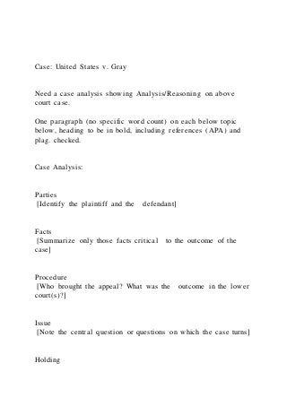 Case: United States v. Gray
Need a case analysis showing Analysis/Reasoning on above
court case.
One paragraph (no specific word count) on each below topic
below, heading to be in bold, including references (APA) and
plag. checked.
Case Analysis:
Parties
[Identify the plaintiff and the defendant]
Facts
[Summarize only those facts critical to the outcome of the
case]
Procedure
[Who brought the appeal? What was the outcome in the lower
court(s)?]
Issue
[Note the central question or questions on which the case turns]
Holding
 