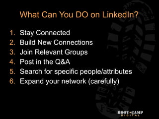 What Can You DO on LinkedIn?

1.   Stay Connected
2.   Build New Connections
3.   Join Relevant Groups
4.   Post in the Q&...