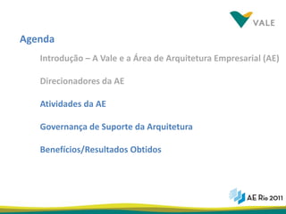 Agenda
   Introdução – A Vale e a Área de Arquitetura Empresarial (AE)

   Direcionadores da AE

   Atividades da AE

   Governança de Suporte da Arquitetura

   Benefícios/Resultados Obtidos




                                                           12
 