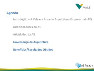 Agenda
   Introdução – A Vale e a Área de Arquitetura Empresarial (AE)

   Direcionadores da AE

   Atividades da AE

   Governança da Arquitetura

   Benefícios/Resultados Obtidos




                                                           14
 