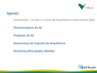 Agenda
   Introdução – A Vale e a Área de Arquitetura Empresarial (AE)

   Direcionadores da AE

   Produtos da AE

   Governança de Suporte da Arquitetura

   Benefícios/Resultados Obtidos




                                                           8
 