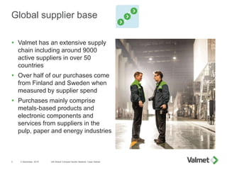 Global supplier base
 Valmet has an extensive supply
chain including around 9000
active suppliers in over 50
countries
 ...