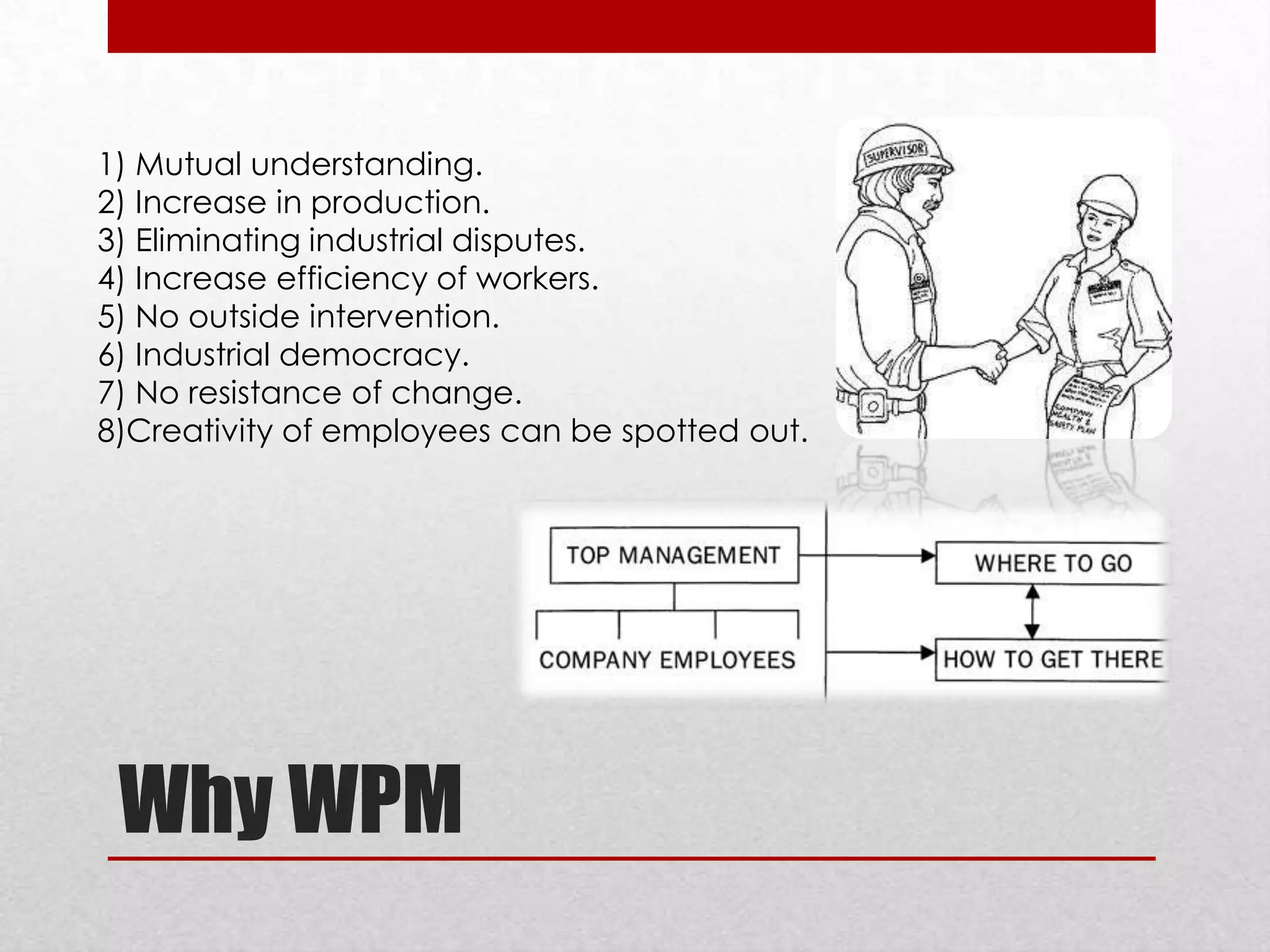 1) Mutual understanding.
2) Increase in production.
3) Eliminating industrial disputes.
4) Increase efficiency of workers.
5) No outside intervention.
6) Industrial democracy.
7) No resistance of change.
8)Creativity of employees can be spotted out.

Why WPM

 