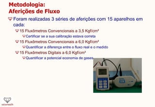 Metodologia:
Aferições de Fluxo
Foram realizadas 3 séries de aferições com 15 aparelhos em
cada:
15 Fluxômetros Convencionais a 3,5 Kgf/cm²
Certificar se a sua calibração estava correta
15 Fluxômetros Convencionais a 6,0 Kgf/cm²
Quantificar a diferença entre o fluxo real e o medido
15 Fluxômetros Digitais a 6,0 Kgf/cm²
Quantificar a potencial economia de gases
 