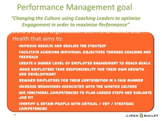 Performance	
  Management	
  goal	
  
 ”Changing	
  the	
  Culture	
  using	
  Coaching	
  Leaders	
  to	
  op.mize	
  
     Engagement	
  in	
  order	
  to	
  maximize	
  Performance”	
  


	
  	
  	
  Build	
  a	
  Global	
  Organisa`on	
  with	
  Performance	
  and	
  
 Health	
  that	
  aims	
  to:	
  
  §  Improve results and realise the strategy
  §  Facilitate achieving individual objectives through coaching and feedback
  §  Create a higher level of employee engagement to reach goals
  §  Make employees take responsibility for their own growth and development
  §  Reward employees for their contribution in a fair manner
  §  Increase behaviours associated with the wanted culture
  §  Use functional competencies to plan career steps and evaluate job fit
  §  Identify & retain people with critical / key / strategic competencies
  §  Find strengths and use them to reach company goals
 