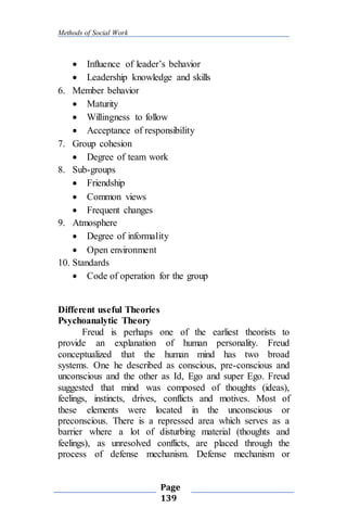 Methods of Social Work
Page
139
 Influence of leader’s behavior
 Leadership knowledge and skills
6. Member behavior
 Maturity
 Willingness to follow
 Acceptance of responsibility
7. Group cohesion
 Degree of team work
8. Sub-groups
 Friendship
 Common views
 Frequent changes
9. Atmosphere
 Degree of informality
 Open environment
10. Standards
 Code of operation for the group
Different useful Theories
Psychoanalytic Theory
Freud is perhaps one of the earliest theorists to
provide an explanation of human personality. Freud
conceptualized that the human mind has two broad
systems. One he described as conscious, pre-conscious and
unconscious and the other as Id, Ego and super Ego. Freud
suggested that mind was composed of thoughts (ideas),
feelings, instincts, drives, conflicts and motives. Most of
these elements were located in the unconscious or
preconscious. There is a repressed area which serves as a
barrier where a lot of disturbing material (thoughts and
feelings), as unresolved conflicts, are placed through the
process of defense mechanism. Defense mechanism or
 