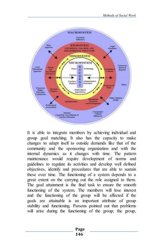 Methods of Social Work
Page
146
It is able to integrate members by achieving individual and
group goal matching. It also has the capacity to make
changes to adapt itself to outside demands like that of the
community and the sponsoring organization and with the
internal dynamics as it changes with time. The pattern
maintenance would require development of norms and
guidelines to regulate its activities and develop well defined
objectives, identify and procedures that are able to sustain
these over time. The functioning of a system depends to a
great extent on the carrying out the role assigned to them.
The goal attainment is the final task to ensure the smooth
functioning of the system. The members will lose interest
and the functioning of the group will be affected if the
goals are attainable is an important attribute of group
stability and functioning. Parsons pointed out that problems
will arise during the functioning of the group; the group,
 