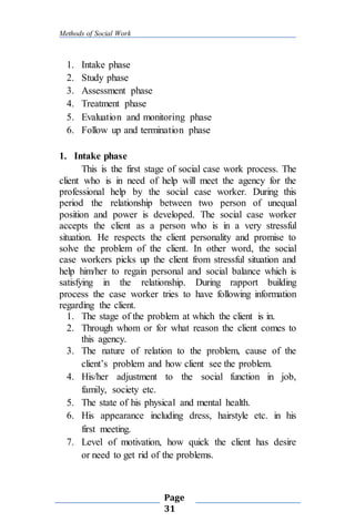 Methods of Social Work
Page
31
1. Intake phase
2. Study phase
3. Assessment phase
4. Treatment phase
5. Evaluation and monitoring phase
6. Follow up and termination phase
1. Intake phase
This is the first stage of social case work process. The
client who is in need of help will meet the agency for the
professional help by the social case worker. During this
period the relationship between two person of unequal
position and power is developed. The social case worker
accepts the client as a person who is in a very stressful
situation. He respects the client personality and promise to
solve the problem of the client. In other word, the social
case workers picks up the client from stressful situation and
help him/her to regain personal and social balance which is
satisfying in the relationship. During rapport building
process the case worker tries to have following information
regarding the client.
1. The stage of the problem at which the client is in.
2. Through whom or for what reason the client comes to
this agency.
3. The nature of relation to the problem, cause of the
client’s problem and how client see the problem.
4. His/her adjustment to the social function in job,
family, society etc.
5. The state of his physical and mental health.
6. His appearance including dress, hairstyle etc. in his
first meeting.
7. Level of motivation, how quick the client has desire
or need to get rid of the problems.
 