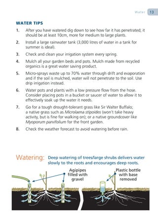 Water   13

WATER TIPS
1.   After you have watered dig down to see how far it has penetrated; it
     should be at least 10cm, more for medium to large plants.
2.   Install a large rainwater tank (3,000 litres of water in a tank for
     summer is ideal).
3.   Check and clean your irrigation system every spring.
4.   Mulch all your garden beds and pots. Mulch made from recycled
     organics is a great water saving product.
5.   Micro-sprays waste up to 70% water through drift and evaporation
     and if the soil is mulched, water will not penetrate to the soil. Use
     drip irrigation instead.
6.   Water pots and plants with a low pressure flow from the hose.
     Consider placing pots in a bucket or saucer of water to allow it to
     effectively soak up the water it needs.
7.   Go for a tough drought-tolerant grass like Sir Walter Buffalo;
     a native grass such as Microlaena stipoides (won’t take heavy
     activity, but is fine for walking on); or a native groundcover like
     Myoporum parvifolium for the front garden.
8.   Check the weather forecast to avoid watering before rain.




Watering:         Deep watering of trees/large shrubs delivers water
                  slowly to the roots and encourages deep roots.
                               Agipipes                    Plastic bottle
                              filled with                    with base
                                 gravel                      removed
 