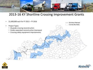 2013-16 KY Shortline Crossing Improvement Grants
• $1,600,000 each for FY 2013 – FY 2016
• Project Types:
• At-grade crossing reconstruction
• Grade-separated reconstruction (overpass)
• Crossing safety equipment improvements
 
