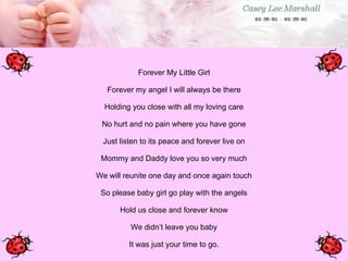 Forever My Little Girl Forever my angel I will always be there Holding you close with all my loving care No hurt and no pain where you have gone Just listen to its peace and forever live on Mommy and Daddy love you so very much We will reunite one day and once again touch So please baby girl go play with the angels Hold us close and forever know We didn’t leave you baby It was just your time to go. 