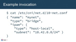 Example invocation
$ cat /etc/cni/net.d/10-net.conf
{ "name": "mynet",
"type": "bridge",
"ipam": {
"type": "host-local",
"subnet": "10.42.0.0/24" }
}
 