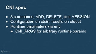 ● 3 commands: ADD, DELETE, and VERSION
● Configuration on stdin, results on stdout
● Runtime parameters via env
● CNI_ARGS for arbitrary runtime params
CNI spec
 