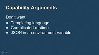 Capability Arguments
Don’t want
● Templating language
● Complicated runtime
● JSON in an environment variable
 