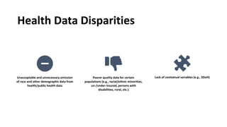 Health Data Disparities
Unacceptable and unnecessary omission
of race and other demographic data from
health/public health data
Poorer quality data for certain
populations (e.g., racial/ethnic minorities,
un-/under-insured, persons with
disabilities, rural, etc.)
Lack of contextual variables (e.g., SDoH)
 