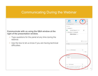4
Communicate with us using the Q&A window at the
right of the presentation window.
• Type questions for the panel at any time during the
webinar.
• Use the box to let us know if you are having technical
difficulties.
Communicating During the Webinar
 