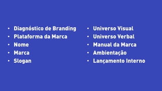 • Diagnóstico de Branding
• Plataforma da Marca
• Nome
• Marca
• Slogan
• Universo Visual
• Universo Verbal
• Manual da Marca
• Ambientação
• Lançamento Interno
 