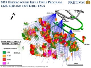 27
2015 UNDERGROUND INFILL DRILL PROGRAM:
1320, 1310 AND 1270 DRILL FANS
1320 Level
100m
1260 Level
1310 Drill Bay
1270 Drill Bay
(1) Source: Feasibility Study and Technical Report Update on the Brucejack Project, dated June 19, 2014
Grade Blocks (g/t Au) in
In Years 1-3 Stopes (1)
5-10
10-20
20-60
>60
Probable Reserves
Drill Hole
 
