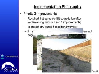 Implementation Philosophy Priority 3 Improvements Required if streams exhibit degradation after implementing priority 1 and 2 improvements; to protect structures if conditions warrant;  if major changes in the watershed occur that were not originally considered. 