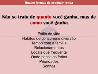 Quatro formas de produzir renda



Não se trata de quanto você ganha, mas de
             como você ganha
                     E D
                 Estilo de vida
                     A I
        Hábitos de consumo e diversão
             Tempo com a família
               Relacionamentos
             Locais que frequenta
             Onde passa as férias
                  Prioridades
                    Sonhos
 