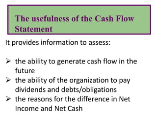 The usefulness of the Cash Flow
Statement
It provides information to assess:
 the ability to generate cash flow in the
future
 the ability of the organization to pay
dividends and debts/obligations
 the reasons for the difference in Net
Income and Net Cash
 