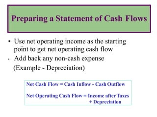 Preparing a Statement of Cash Flows
• Use net operating income as the starting
point to get net operating cash flow
• Add back any non-cash expense
(Example - Depreciation)
Net Cash Flow = Cash Inflow - CashOutflow
Net Operating Cash Flow = Income afterTaxes
+ Depreciation
 