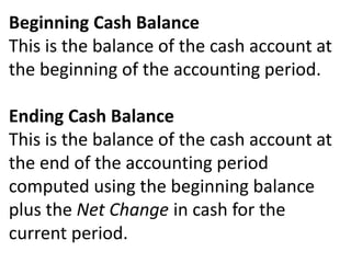 Beginning Cash Balance
This is the balance of the cash account at
the beginning of the accounting period.
Ending Cash Balance
This is the balance of the cash account at
the end of the accounting period
computed using the beginning balance
plus the Net Change in cash for the
current period.
 