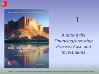 1
Auditing the
Financing/Investing
Process: Cash and
Investments
Copyright © 2017 McGraw-Hill Education. All rights reserved. No reproduction or distribution without the prior written consent of McGraw-Hill Education.
 