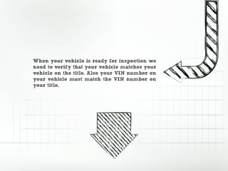 When your vehicle is ready for inspection we
need to verify that your vehicle matches your
vehicle on the title. Also your VIN number on
your vehicle must match the VIN number on
your title.
 