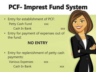 • Entry for establishment of PCF:
Petty Cash Fund xxx
Cash In Bank xxx
• Entry for payment of expenses out of
the fund:
NO ENTRY
• Entry for replenishment of petty cash
payments:
Various Expenses xxx
Cash In Bank xxx
 