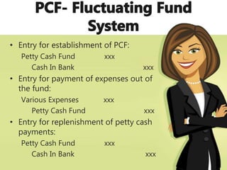 • Entry for establishment of PCF:
Petty Cash Fund xxx
Cash In Bank xxx
• Entry for payment of expenses out of
the fund:
Various Expenses xxx
Petty Cash Fund xxx
• Entry for replenishment of petty cash
payments:
Petty Cash Fund xxx
Cash In Bank xxx
 