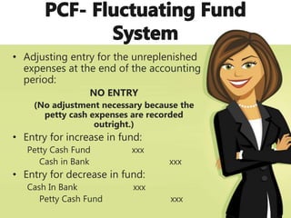 • Adjusting entry for the unreplenished
expenses at the end of the accounting
period:
NO ENTRY
(No adjustment necessary because the
petty cash expenses are recorded
outright.)
• Entry for increase in fund:
Petty Cash Fund xxx
Cash in Bank xxx
• Entry for decrease in fund:
Cash In Bank xxx
Petty Cash Fund xxx
 