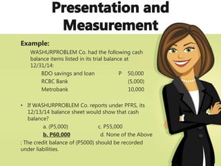 Example:
WASHURPROBLEM Co. had the following cash
balance items listed in its trial balance at
12/31/14:
BDO savings and loan P 50,000
RCBC Bank (5,000)
Metrobank 10,000
• If WASHURPROBLEM Co. reports under PFRS, its
12/13/14 balance sheet would show that cash
balance?
a. (P5,000) c. P55,000
b. P60,000 d. None of the Above
: The credit balance of (P5000) should be recorded
under liabilities.
 