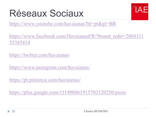 Réseaux Sociaux
Charles BENIGNO23
https://www.youtube.com/havaianas?hl=pt&gl=BR
https://www.facebook.com/HavaianasFR/?brand_redir=2804311
55385414
https://twitter.com/havaianas
https://www.instagram.com/havaianas/
https://pt.pinterest.com/havaianas/
https://plus.google.com/111490861915703120250/posts
 