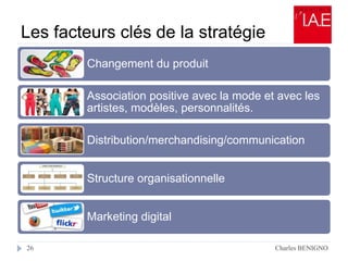 Les facteurs clés de la stratégie
Charles BENIGNO26
Changement du produit
Association positive avec la mode et avec les
artistes, modèles, personnalités.
Distribution/merchandising/communication
Structure organisationnelle
Marketing digital
 