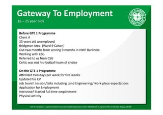 Gateway To Employment 
16 – 25 year olds 
Before GTE 1 Programme 
Client A 
23 years old unemployed 
Bridgeton Area (Ward 9 Calton) 
Out two months from serving 9 months in HMP Barlinnie 
Working with CSG 
Referred to us from CSG 
Celtic was not his football team of choice 
On the GTE 1 Programme 
Attended two days per week for five weeks 
Updated his CV 
Job Search session/talks including Land Engineering/ work place expectations 
Application for Employment 
Interview/ Started full time employment 
Physical activity 
Celtic FC Foundation is a registered Scottish Incorporate Charitable Organisation (number SC024648) with its registered office at Celtic Park, Glasgow, G40 3RE 
 