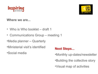 Where we are...

•  Who is Who booklet – draft 1 
•  Communications Group – meeting 1 
•Media planner – Quarterly 
•Ministerial visit’s identified
                                   Next Steps...
•Social media                      •Monthly up-dates/newsletter
                                   •Building the collective story 
                                   •Visual map of activities
 