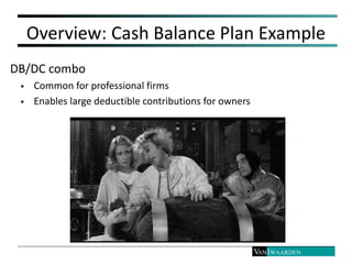 Overview: Cash Balance Plan Example
DB/DC combo
 Common for professional firms
 Enables large deductible contributions f...