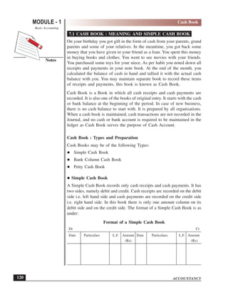 ACCOUNTANCY
MODULE - 1
Notes
Cash Book
Basic Accounting
120
7.1 CASH BOOK : MEANING AND SIMPLE CASH BOOK
On your birthday you got gift in the form of cash from your parents, grand
parents and some of your relatives. In the meantime, you got back some
money that you have given to your friend as a loan. You spent this money
in buying books and clothes. You went to see movies with your friends.
You purchased some toys for your niece. As per habit you noted down all
receipts and payments in your note book. At the end of the month, you
calculated the balance of cash in hand and tallied it with the actual cash
balance with you. You may maintain separate book to record these items
of receipts and payments, this book is known as Cash Book.
Cash Book is a Book in which all cash receipts and cash payments are
recorded. It is also one of the books of original entry. It starts with the cash
or bank balance at the beginning of the period. In case of new business,
there is no cash balance to start with. It is prepared by all organisations.
When a cash book is maintained, cash transactions are not recorded in the
Journal, and no cash or bank account is required to be maintained in the
ledger as Cash Book serves the purpose of Cash Account.
Cash Book : Types and Preparation
Cash Books may be of the following Types:
Simple Cash Book
Bank Column Cash Book
Petty Cash Book
Simple Cash Book
A Simple Cash Book records only cash receipts and cash payments. It has
two sides, namely debit and credit. Cash receipts are recorded on the debit
side i.e. left hand side and cash payments are recorded on the credit side
i.e. right hand side. In this book there is only one amount column on its
debit side and on the credit side. The format of a Simple Cash Book is as
under:
Format of a Simple Cash Book
Dr Cr
Date Particulars L.F. Amount Date Particulars L.F. Amount
(Rs) (Rs)
 