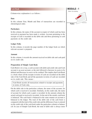 MODULE - 1
Basic Accounting
Notes
121
Cash Book
ACCOUNTANCY
Column-wise explanation is as follows :
Date
In this column Year, Month and Date of transactions are recorded in
chronological order.
Particulars
In this column, the name of the account in respect of which cash has been
received or payment has been made is written. Account pertaining to the
receipts of cash is recorded on the debit side and those pertaining to cash
payments on the credit side.
Ledger Folio
In this column, it records the page number of the ledger book on which
relevant account is prepared.
Amount
In this column, it records the amount received on debit side and cash paid
on its credit side.
Preparation of Simple Cash Book
Cash Book is in a way, a cash account with debit and credit side and Cash
account is an asset account, so the rule followed is Increase in assets to be
debited and Decrease in asset is to be credited. This implies that Cash Book
is a book where all the receipts in terms of cash are recorded on the debit
side of the Cash Book and all the payments in terms of cash are recorded
on its credit side. This means :
Cash Book records all transactions related to receipts and payments
in terms of Cash only.
On the debit side in the particulars column, the name of the account, for
which cash is received is recorded. Similarly, on the credit side, the name
of account for which cash is paid, is recorded. In the amount column the
actual cash paid or received is recorded. At the end of the month, cash book
is balanced. The cash book is balanced in the same manner an account is
balanced in the ledger. The total of the debit side of the cash book is
compared with the total of the credit side and the difference if any is entered
on the credit side of the cash book under the particulars column as balance
c/d. In case of Simple Cash Book, the total of debit side is always more
 