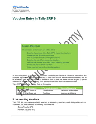 Voucher Entry in Tally.ERP 9
Lesson Objectives
On completion of this lesson, you will be able to
Describe the purpose of the Tally.ERP 9 Accounting Vouchers
Create and alter Accounting Vouchers
Use vouchers to enter Accounting transactions
Describe the use of Non-Accounting Vouchers
Describe the purpose of the Tally.ERP 9 Inventory vouchers
Create and alter Inventory Vouchers
Using vouchers to enter Inventory transactions
In accounting terms, a voucher is a document containing the details of a financial transaction. For
example, a purchase invoice, a sales receipt, a petty cash docket, a bank interest statement, and so
on. For every such transaction made, a voucher is used to enter the details into the ledgers to update
the financial position of the company. This feature of Tally.ERP 9 will be used most often.
Tally.ERP 9 follows the Golden Rule of Accounting :
Real Accounts Personal Accounts Nominal Accounts
Debit What Comes in The Receiver Expenses and Losses
Credit What Goes out The Giver Incomes and Gains
5.1 Accounting Vouchers
Tally.ERP 9 is pre-programmed with a variety of accounting vouchers, each designed to perform
a different job. The standard Accounting Vouchers are:
Contra Voucher (F4)
Payment Voucher (F5)
 