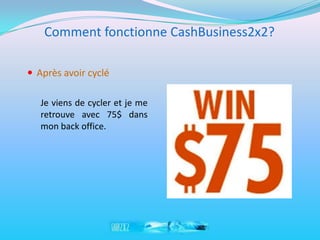 Comment fonctionne CashBusiness2x2?

 Après avoir cyclé

   Je viens de cycler et je me
   retrouve avec 75$ dans
   mon back office.
 