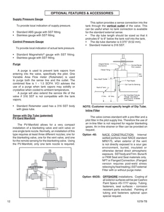 12 1078-TB
OPTIONAL FEATURES & ACCESSORIES
Supply Pressure Gauge
To provide local indication of supply pressure.
• Standard ABS gauge with SST fitting.
• Stainless gauge with SST fitting.
Control Pressure Gauge
To provide local indication of actual tank pressure.
• Standard Magnehelic®
gauge with SST fitting.
• Stainless gauge with SST fitting.
Purge
A purge is used to prevent tank vapors from
entering into the valve, specifically the pilot. One
Variable Area Flow meter (Rotameter) is used
to purge both the sense line and the outlet. The
combined flow is 1 - 1.5 SCFH. VCI advises the
use of a purge when tank vapors may solidify or
crystallize when cooled to ambient temperature.
A purge will also extend the service life of the
valve if 316 SST is not compatible with the tank
vapors.
• Standard Rotameter used has a 316 SST body
with glass tube.
Sense with Dip Tube (patented)
This option provides a sense connection into the
tank through the vertical outlet of the valve. This
can be useful when no tank connection is available
for the standard external sense.
• The dip tube length should be sized so that it
protrudes 6" to 8" below the tank roof into the tank.
• The dip tube diameter is 0.375" (9.52 mm).
• Standard material is 316 SST.
PV-Gard Manifold
The PV-Manifold allows for a very compact
installation of a blanketing valve and vent valve on
one single tank nozzle. Normally, an installation of this
type requires at least three different nozzles; one for
the blanketing valve, one for the vent valve, and one
for the remote sensing for the blanketing valve. Using
the PV-Manifold, only one tank nozzle is required.
Inline Filter
The valve comes standard with a pre-filter and a
pilot filter in the pilot supply line. Therefore the use of
an in-line filter is not required for regular blanketing
gases. An in-line strainer or filter can be provided on
request.
NOTE: Customer must specify length of Dip Tube.
OFFSHORE installations. Coating of
all exterior surfaces will be per Cashco
Paint Specs #S-1777 epoxy. Tubing,
fasteners, seat surfaces - corrosion
resistant parts excluded. Painting of
tubing and fasteners optional upon
special request.
Option -95OS:
Option -40: NACE CONSTRUCTION. Internal
wetted portions meet NACE standard
MR0175, when exterior of the vent
is not directly exposed to a sour gas
environment, buried, insulated or
otherwise denied direct atmospheric
exposure. SSTbodyandTrim-Buna-N
or FKM Seat and Seal materials only.
NPT or Flanged Connection. (Flanged
version requires post-weld stress
relievingbyheattreating.)SSTexternal
Filter with or without purge meter.
 