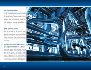 Get Consistent Quality
By involving every employee in our ISO 9001:2015
Quality Assurance Program, you can count on the
quality we provide you. We have coordinated
our business systems, invested in state-of-the-art
machine tools, and built an extensive component
inventory so we can consistently provide cost-
effective solutions and on-time delivery to meet
your replacement or project requirements —
regardless of size or complexity.
Make the Right Choice
“We simply make it right” by putting your needs
first. The next time you specify control valves,
regulators or vapor control emission systems, or
you need a replacement fast...call the supplier
that makes it right. Rely on Cashco for your single-
source convenience. Great service, field-proven
quality, and timely delivery makes Cashco the
right choice.
Select Control Valves & Regulators
FOR SPECIALIZED OR UTILITY SERVICE
We manufacture a broad line of throttling rotary
and linear control valves, pressure reducing
regulators, and back pressure regulators in line
sizes from 1⁄4 inch to 10 inches and Cv ranges
from .002 to 4,406. Models are available to handle
slurries, cryogenic service, and corrosive fluids; to
withstand high temperatures and pressures; and
to maximize the reduction of fugitive emissions.
Contact Cashco for complete product information.
2
 