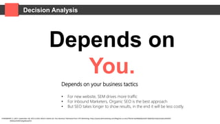 Decision Analysis
Depends on
You.
Depends on your business tactics
• For new website, SEM drives more traffic
• For Inbound Marketers, Organic SEO is the best approach
• But SEO takes longer to show results, in the end it will be less costly.
STANDBERRY, S. (2017, September 18). SEO vs SEM: Which is Better for Your Business? Retrieved from LYFE Marketing: https://www.lyfemarketing.com/blog/seo-vs-sem/?fbclid=IwAR0kQQoohQY-Wj8VQUz52jAU2o2jELaVbXOO-
W6bEp2hb9ZFwKg38zwqFb4
 